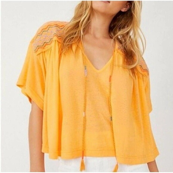 Free People Top Embroidered V-Neck Color Carrot Ginger Size Small Cropped NEW - Picture 1 of 11